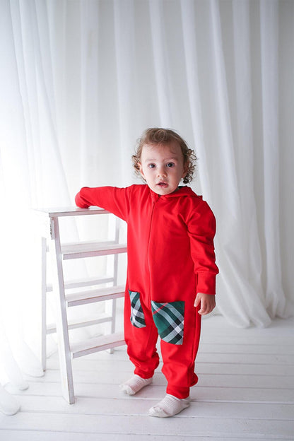 Boy's New Year's Red Combed Cotton Zippered Jumpsuit