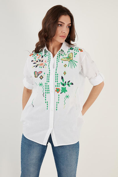 Cotton Regular Fit Foldable Sleeve Embroidered Thin Shirt 51441911