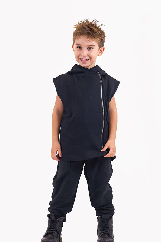 Boy's Suit Black 3 Thread Combed Boyfriend Trousers + Black Combed Cotton Hooded Vest