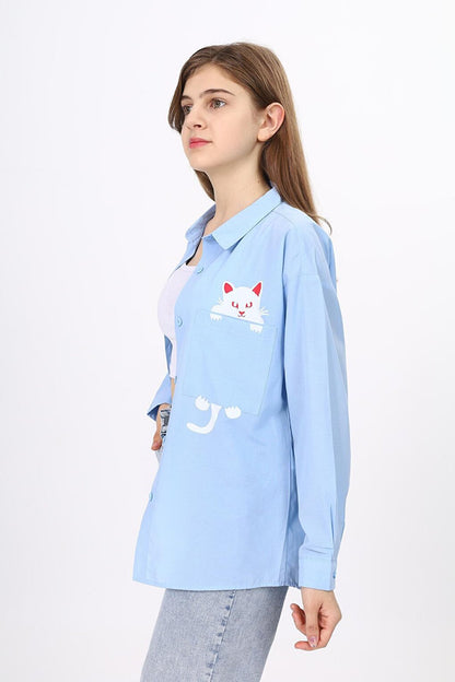 Girl's Casual Cut Cat Printed Linen Shirt 9-14 Years LX241-1