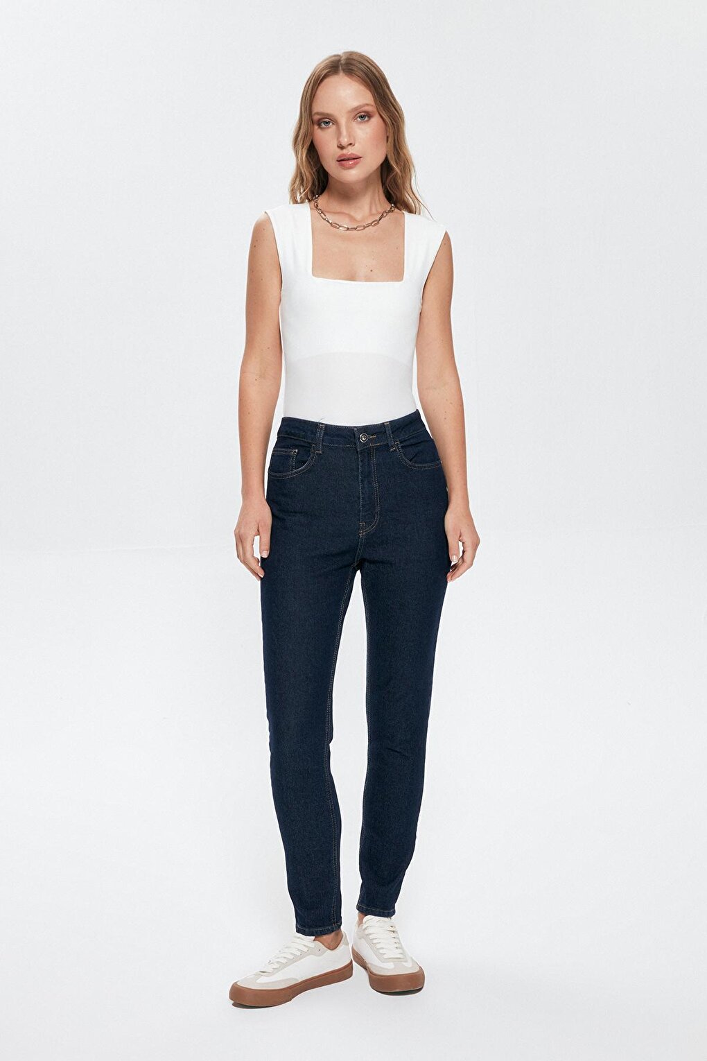 High Waist Skinny Leg Jean Trousers Navy Blue