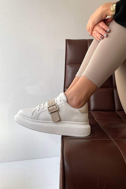 Women's Sneakers WHITE BEige BELTED