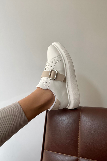 Women's Sneakers WHITE BEige BELTED