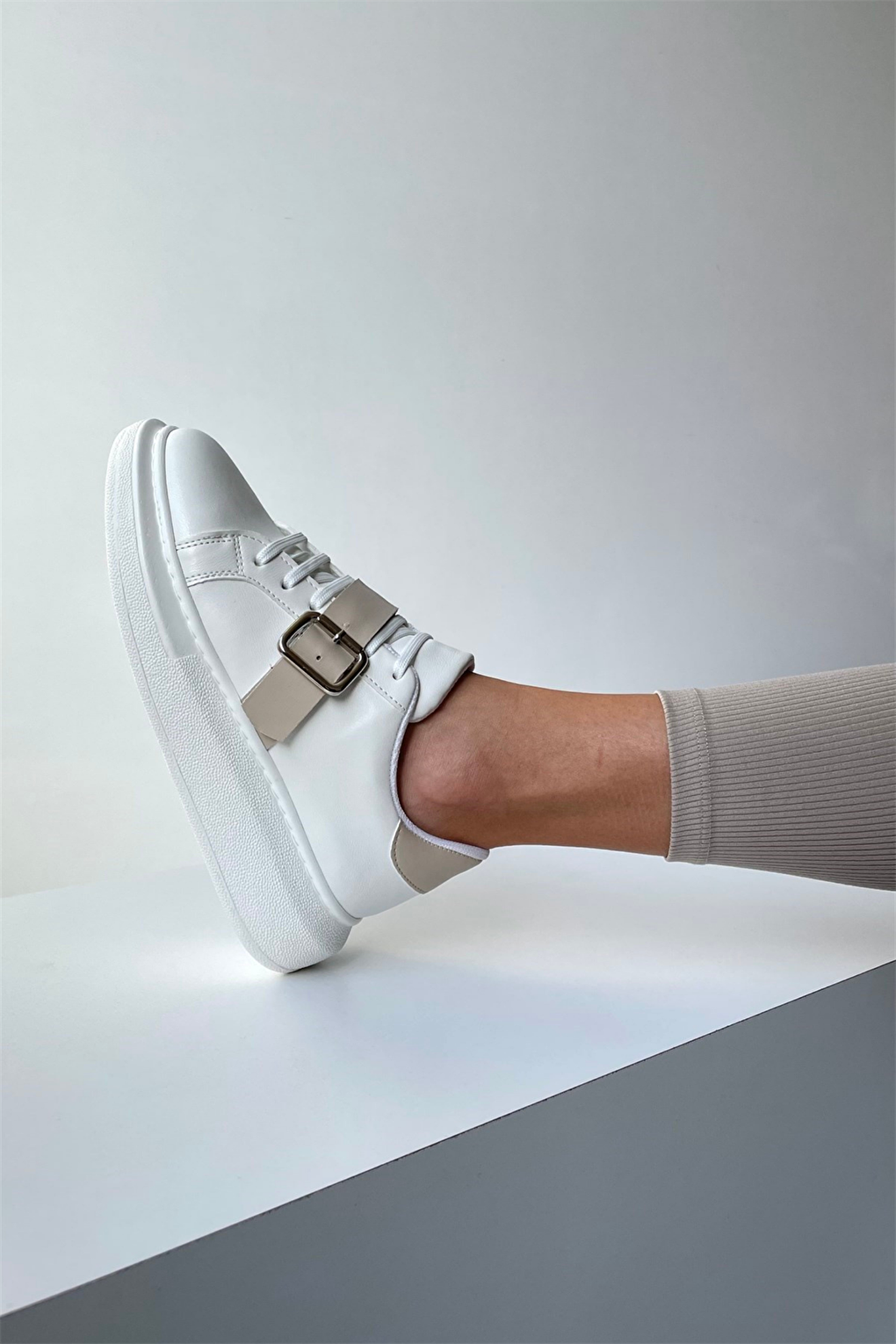 Women's Sneakers WHITE BEige BELTED