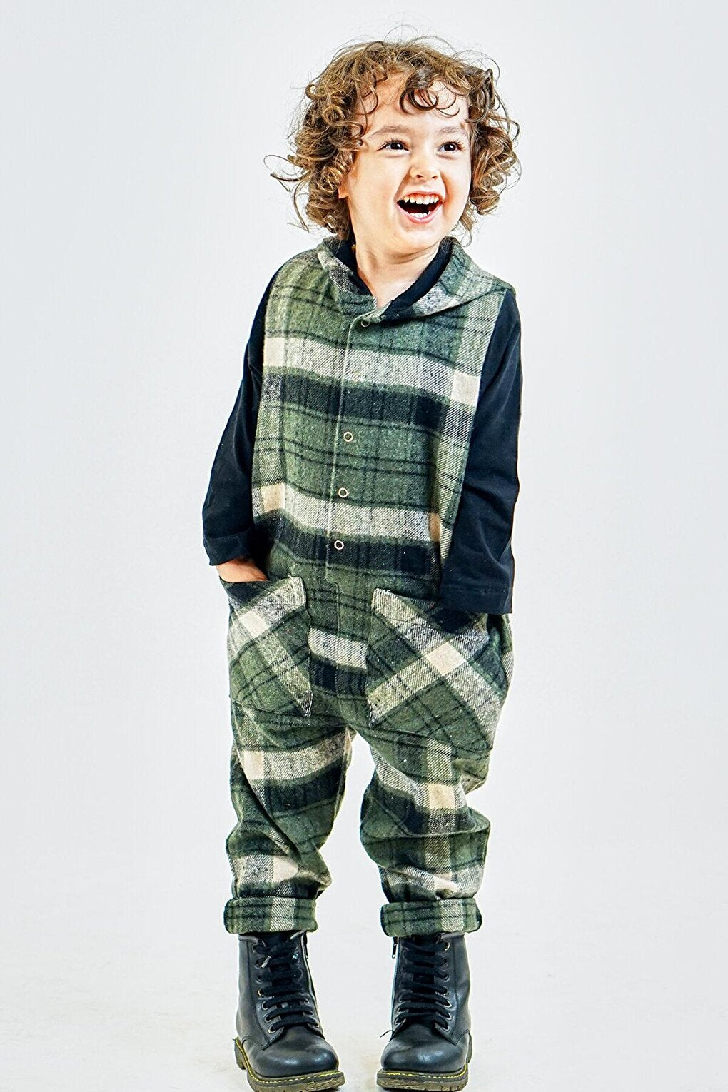 Khaki Black Plaid Stash Hooded Jumpsuit