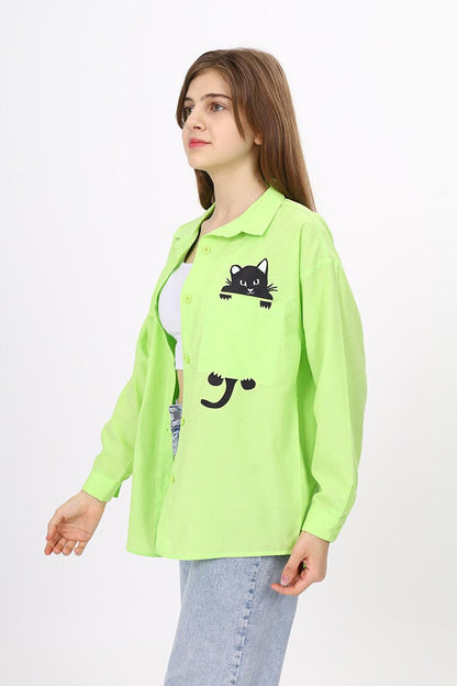 Girl's Casual Cut Cat Printed Linen Shirt 9-14 Years LX241-1