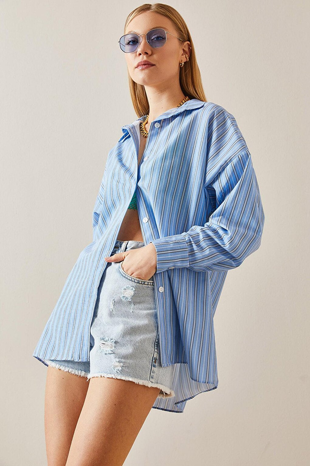 Blue Oversize Striped Shirt 4KXK2-47766-12