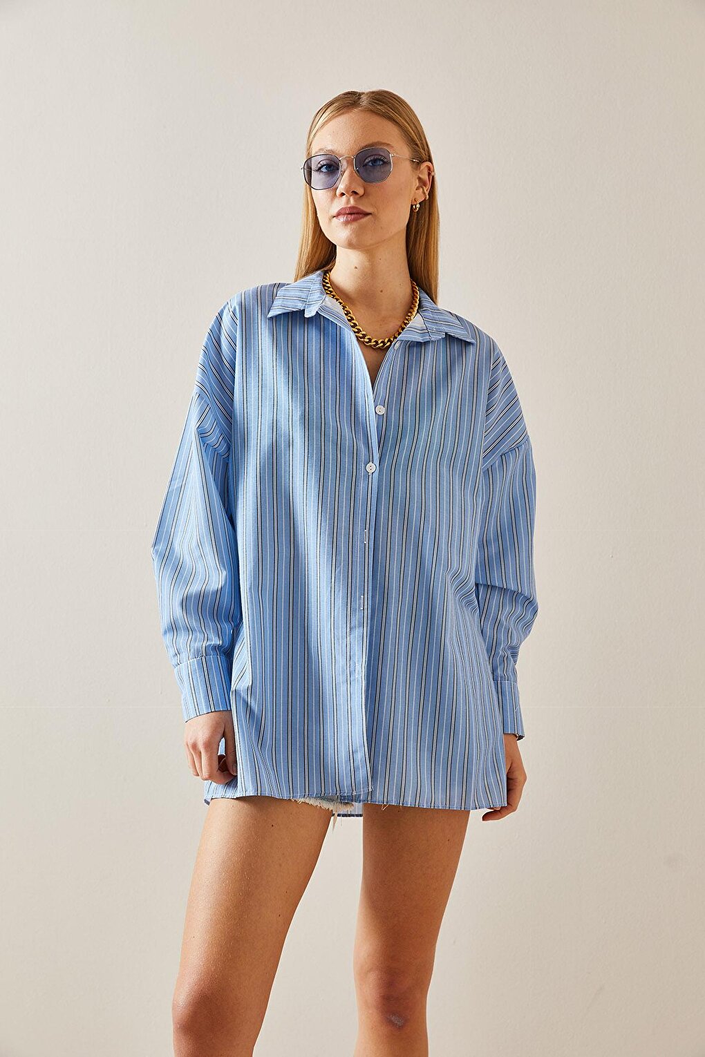 Blue Oversize Striped Shirt 4KXK2-47766-12