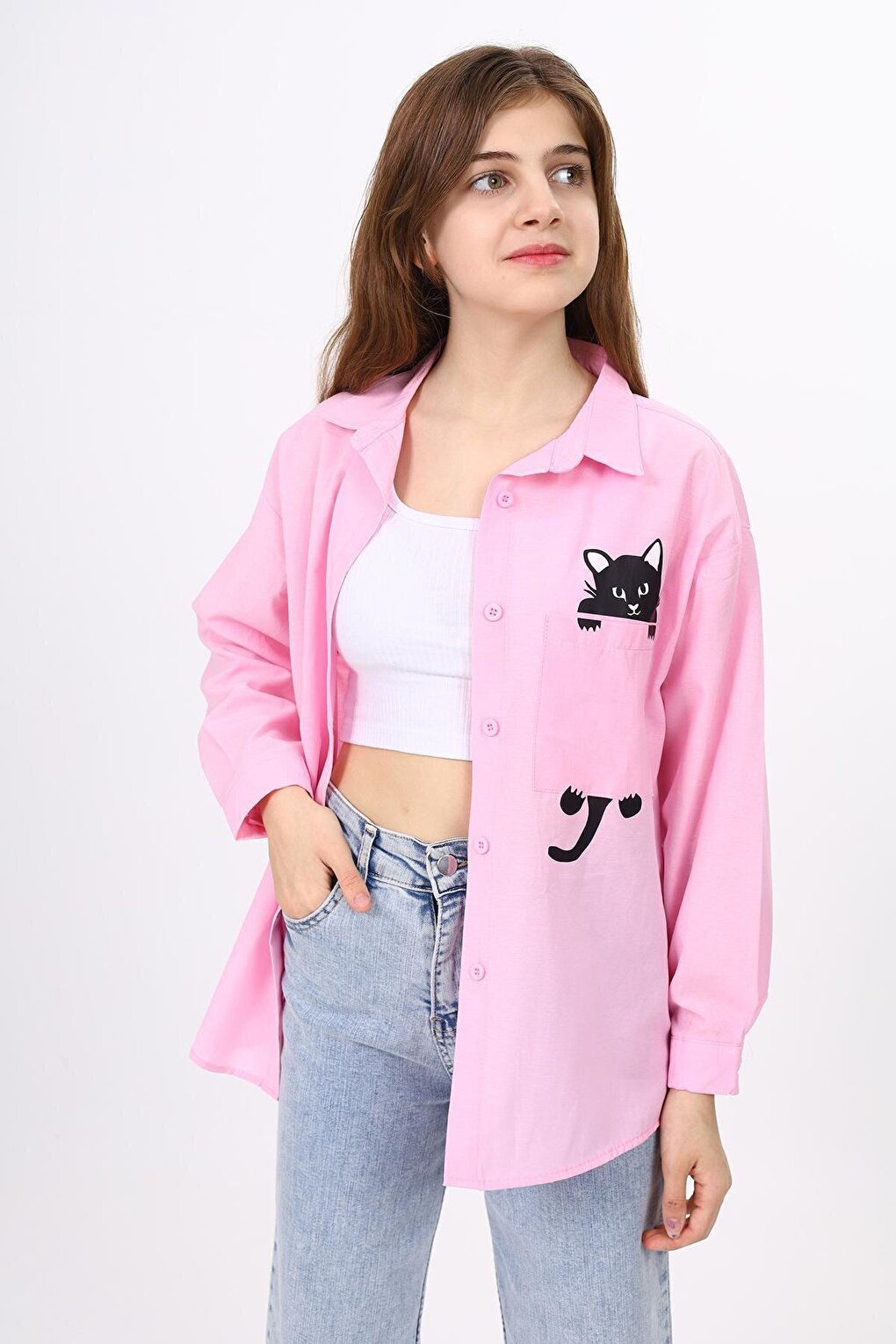 Girl's Casual Cut Cat Printed Linen Shirt 9-14 Years LX241-1