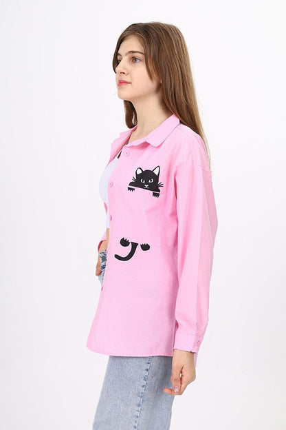 Girl's Casual Cut Cat Printed Linen Shirt 9-14 Years LX241-1