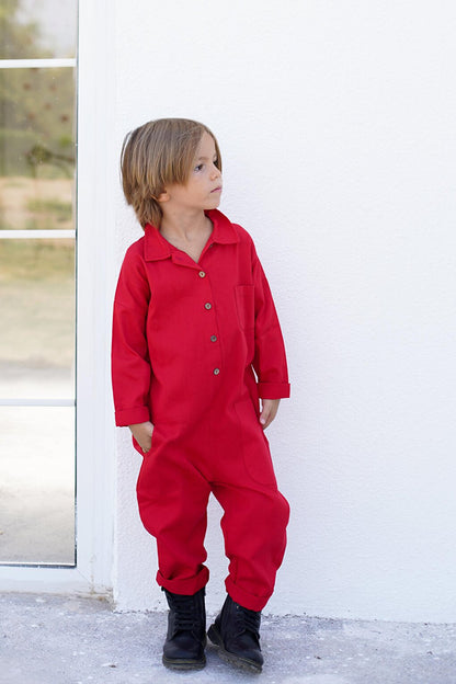 Boy's Jumpsuit with Red Gabardine Collar and 3 Pockets