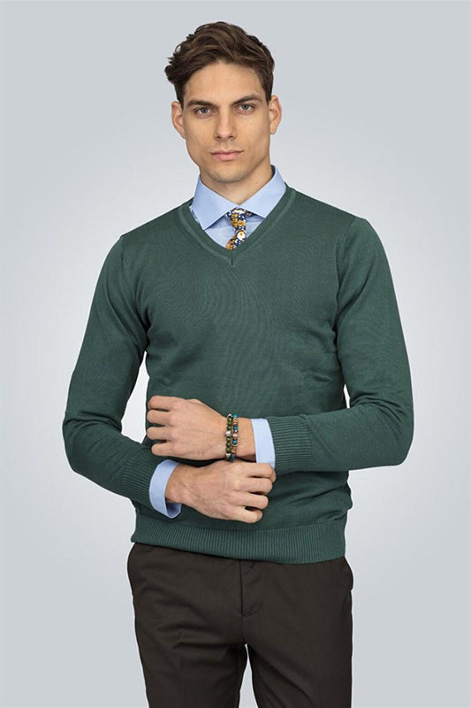 Slim Fit V-Neck Cotton Men's Green Sweater