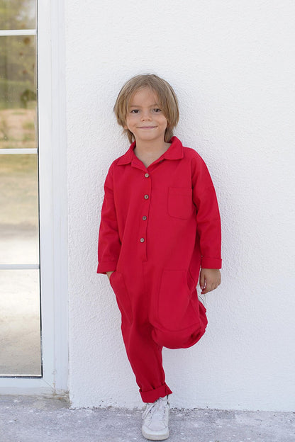 Boy's Jumpsuit with Red Gabardine Collar and 3 Pockets