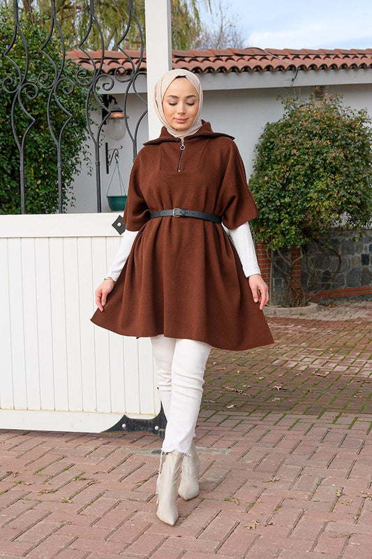 Zippered Front Poncho Brown