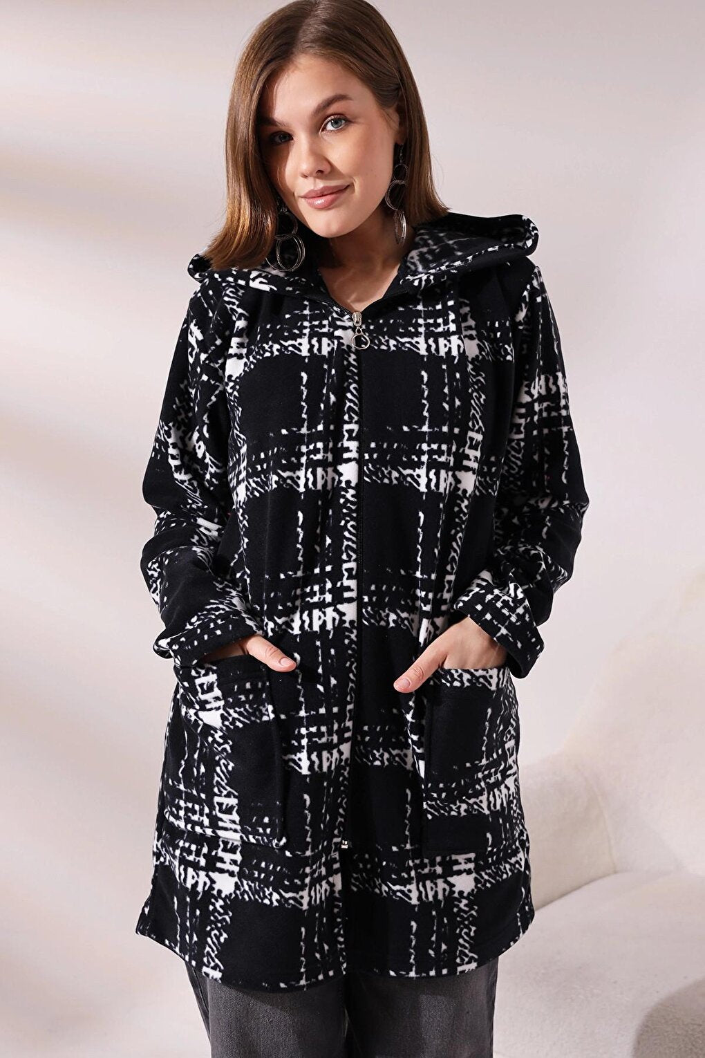 Zippered Patterned Long Jacket