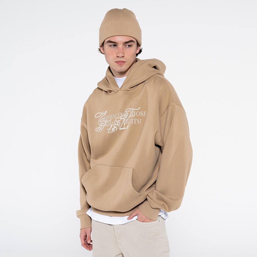 Noche Men's Dark Beige Kangaroo Pocket Hooded Extra Oversize Sweatshirt Hoodie