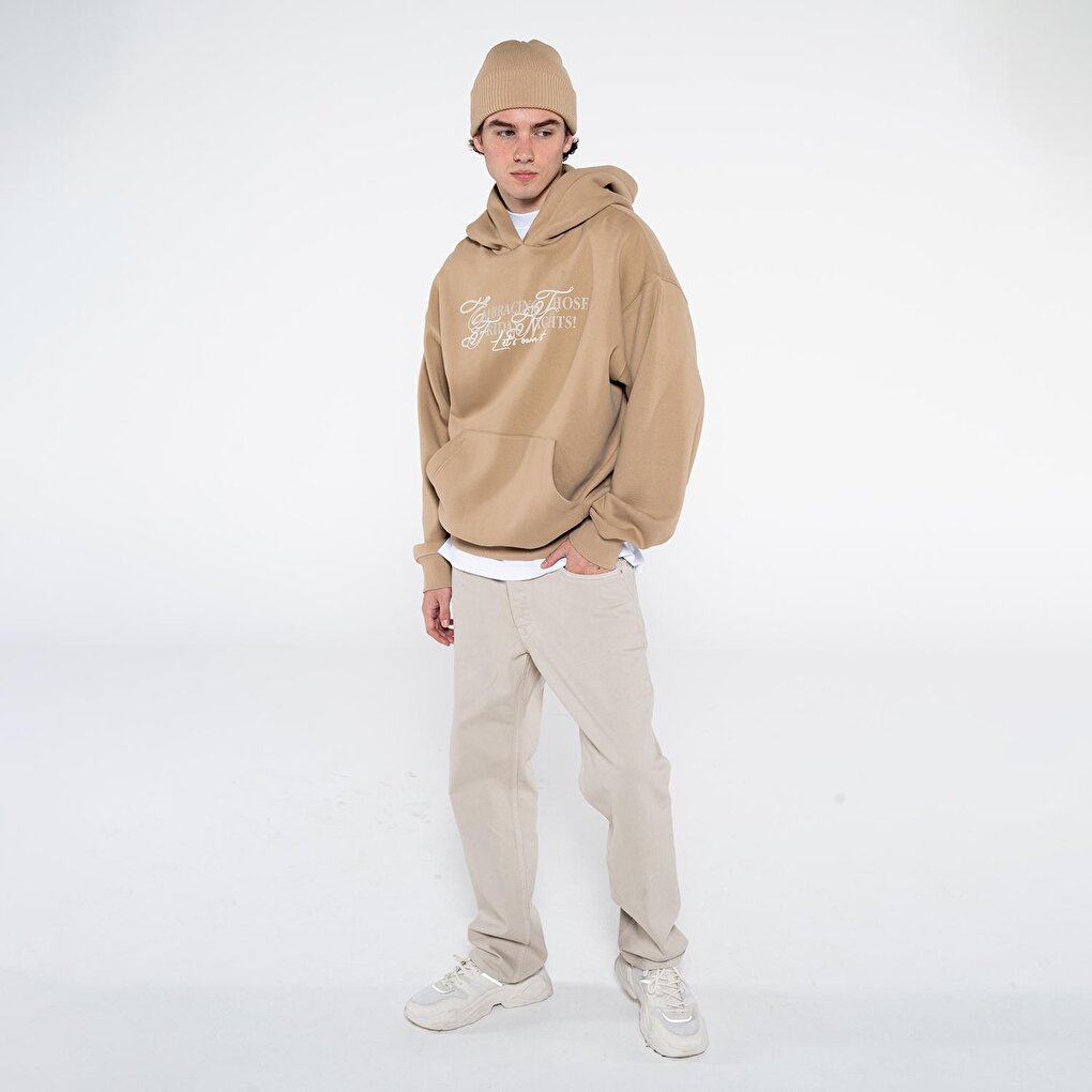 Noche Men's Dark Beige Kangaroo Pocket Hooded Extra Oversize Sweatshirt Hoodie