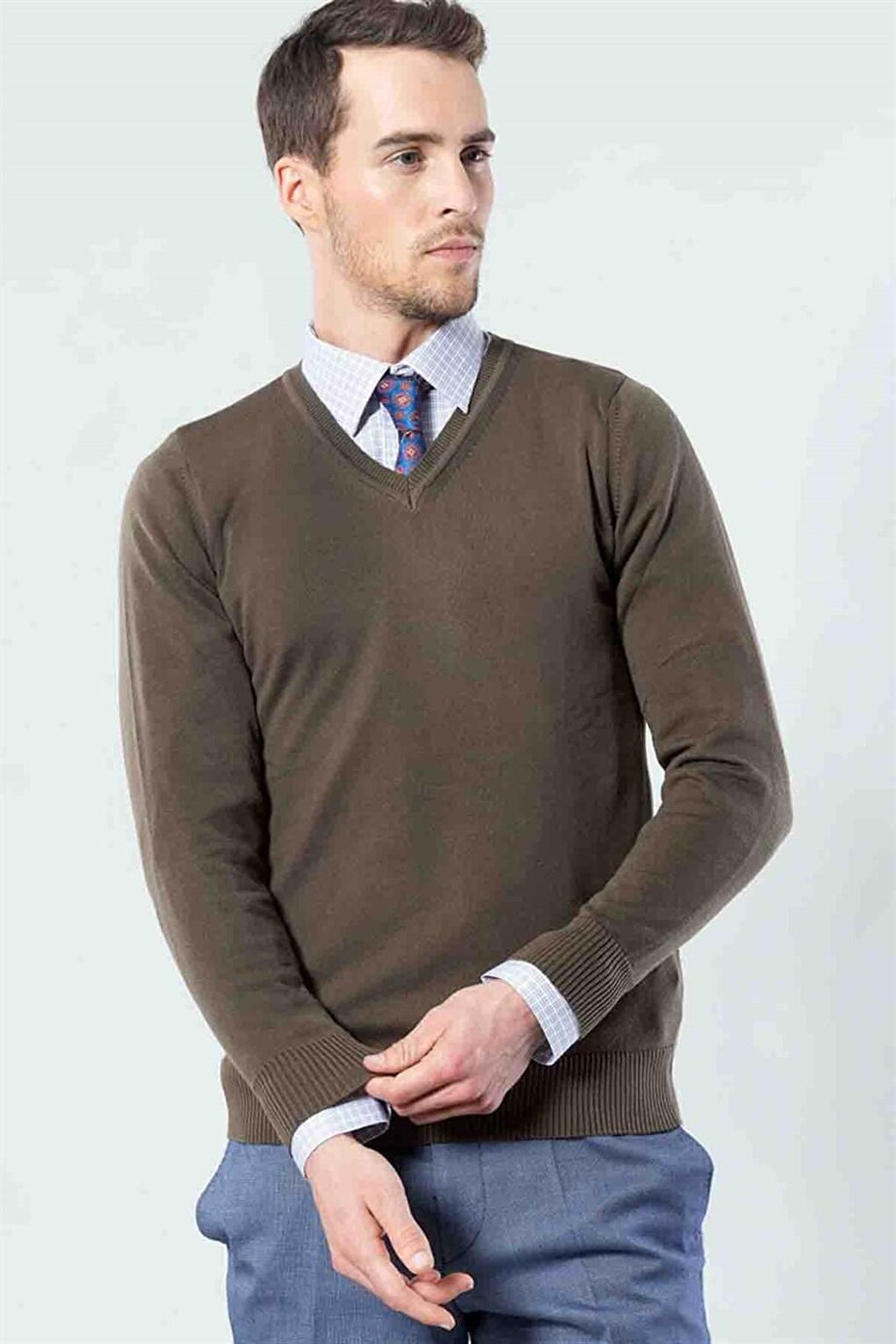 Slim Fit V-Neck Cotton Men's Khaki Sweater