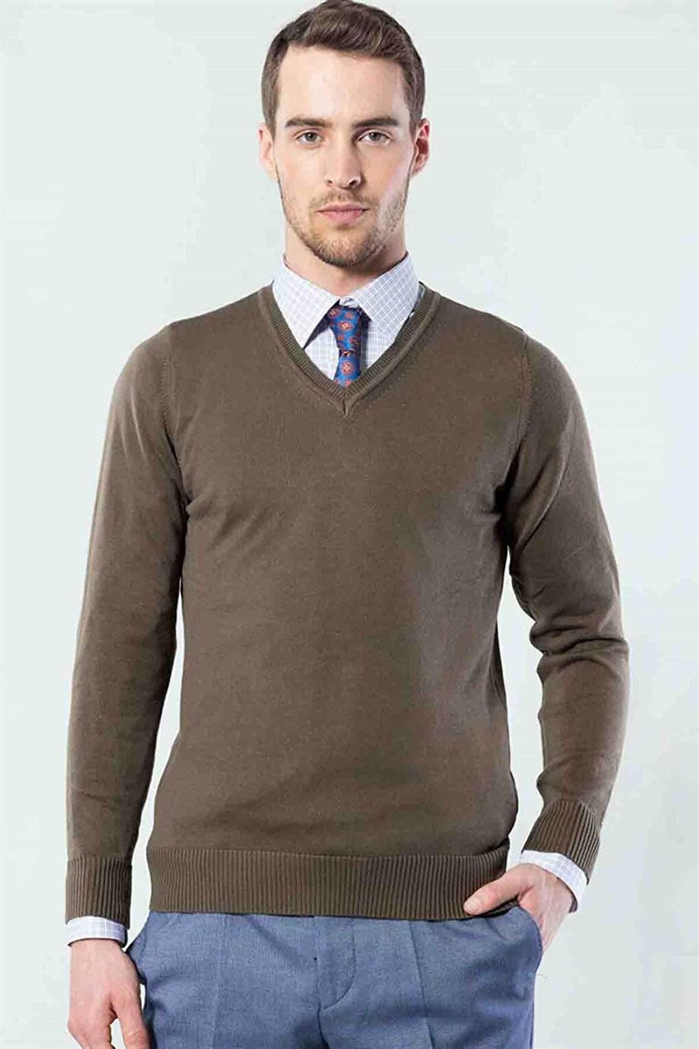 Slim Fit V-Neck Cotton Men's Khaki Sweater