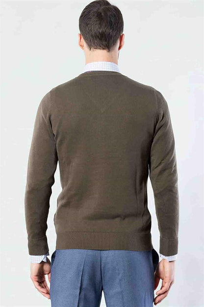 Slim Fit V-Neck Cotton Men's Khaki Sweater