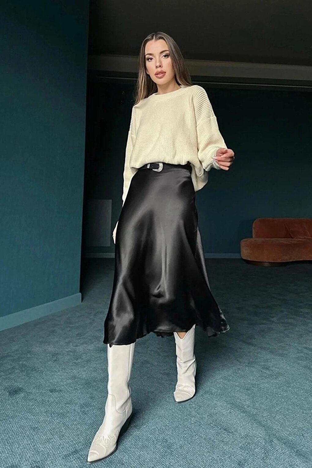 Black Ankle Length Satin Skirt