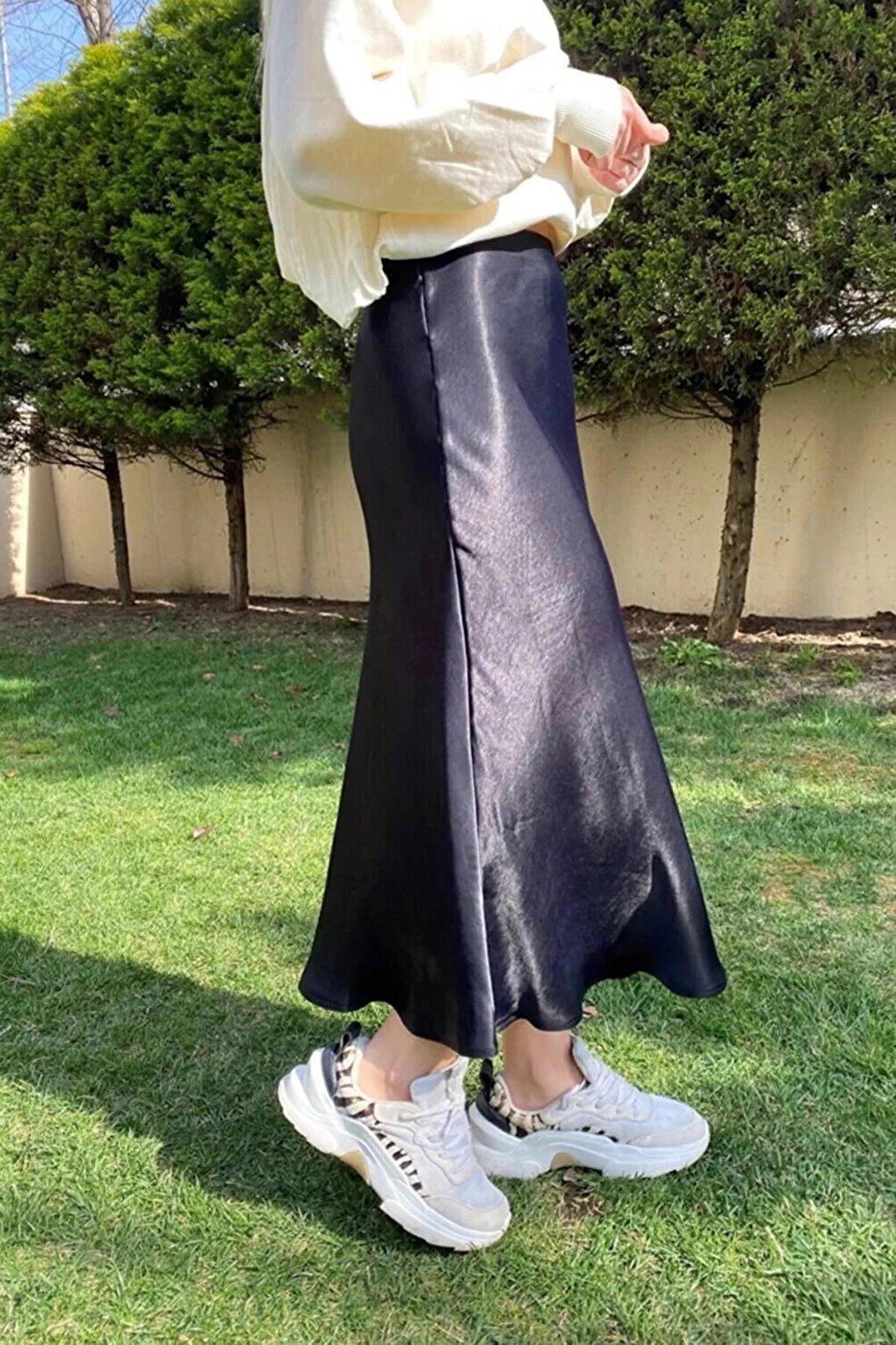 Black Ankle Length Satin Skirt