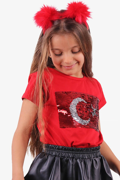 Girl's T-Shirt Red with Sequins and Crescents and Stars (Ages 4-14)