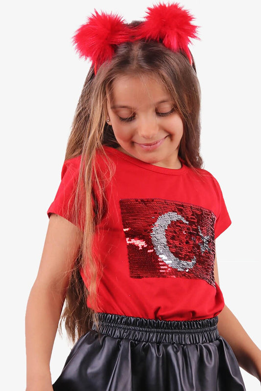 Girl's T-Shirt Red with Sequins and Crescents and Stars (Ages 4-14)