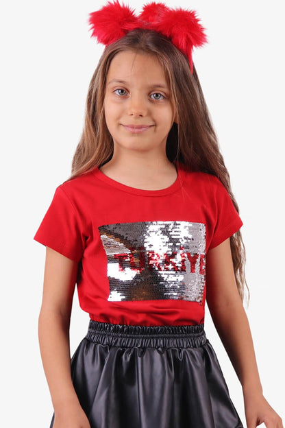 Girl's T-Shirt Red with Sequins and Crescents and Stars (Ages 4-14)