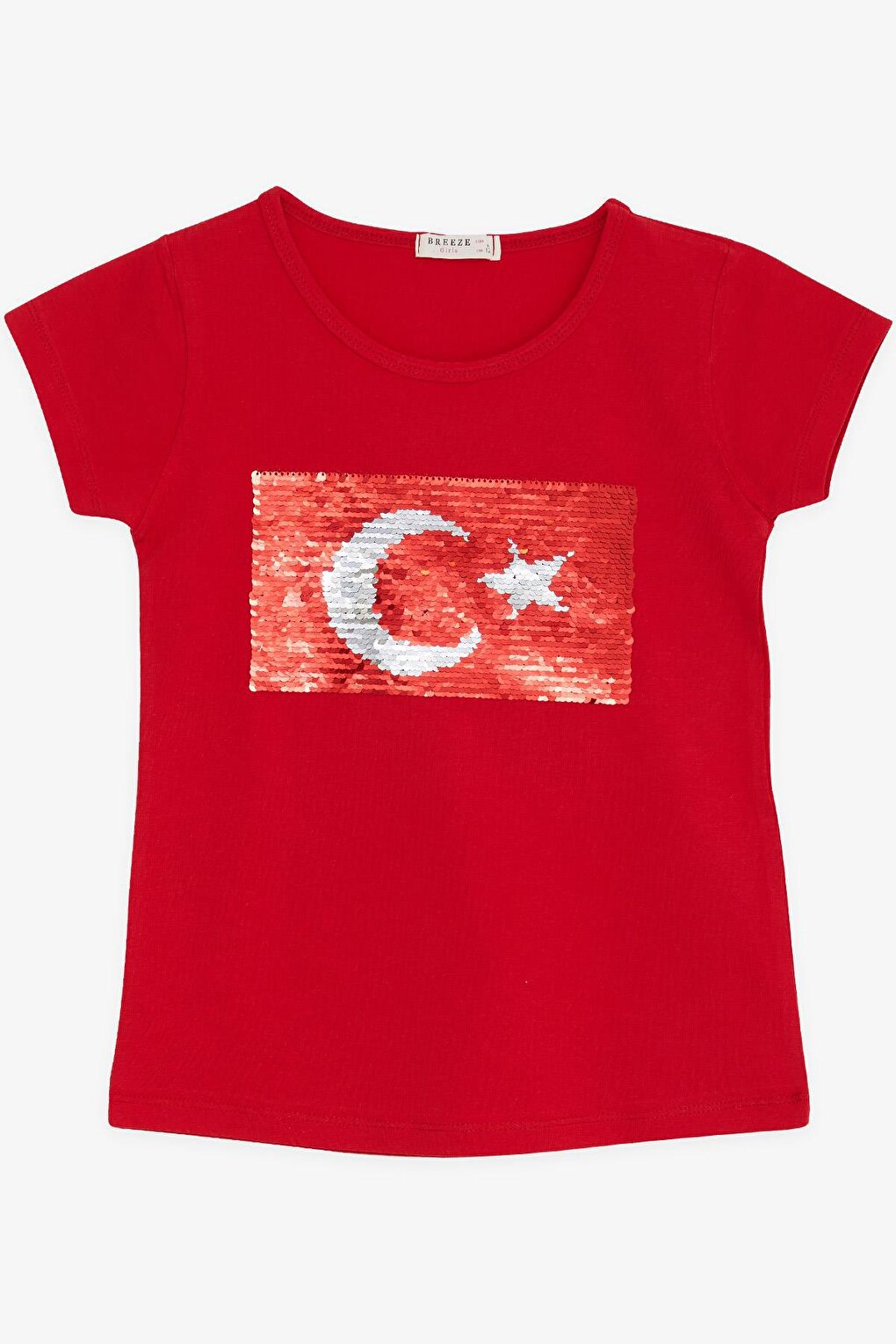 Girl's T-Shirt Red with Sequins and Crescents and Stars (Ages 4-14)