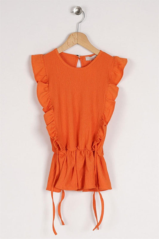 Girl's Orange Colored T-Shirt with Ruffled Sleeves and Elastic Waist Detail