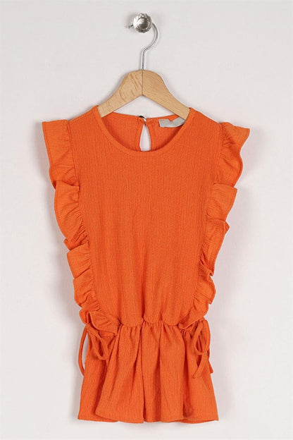 Girl's Orange Colored T-Shirt with Ruffled Sleeves and Elastic Waist Detail