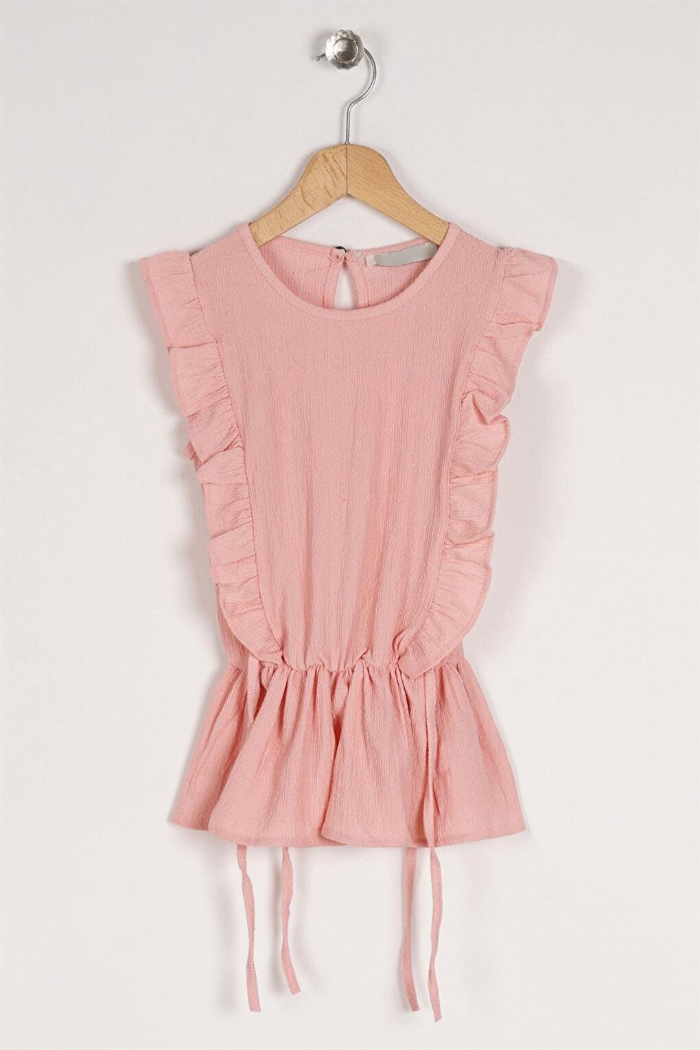 Girl's Salmon Colored T-Shirt with Ruffled Sleeves and Elastic Waist Detail