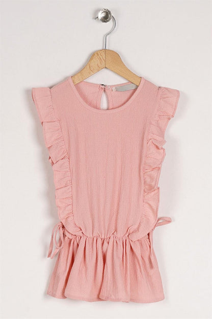 Girl's Salmon Colored T-Shirt with Ruffled Sleeves and Elastic Waist Detail