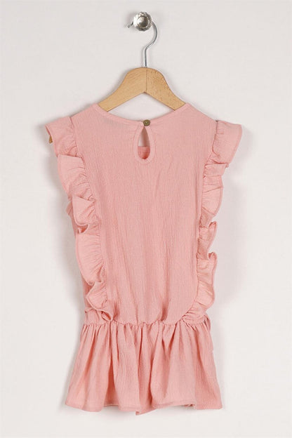 Girl's Salmon Colored T-Shirt with Ruffled Sleeves and Elastic Waist Detail