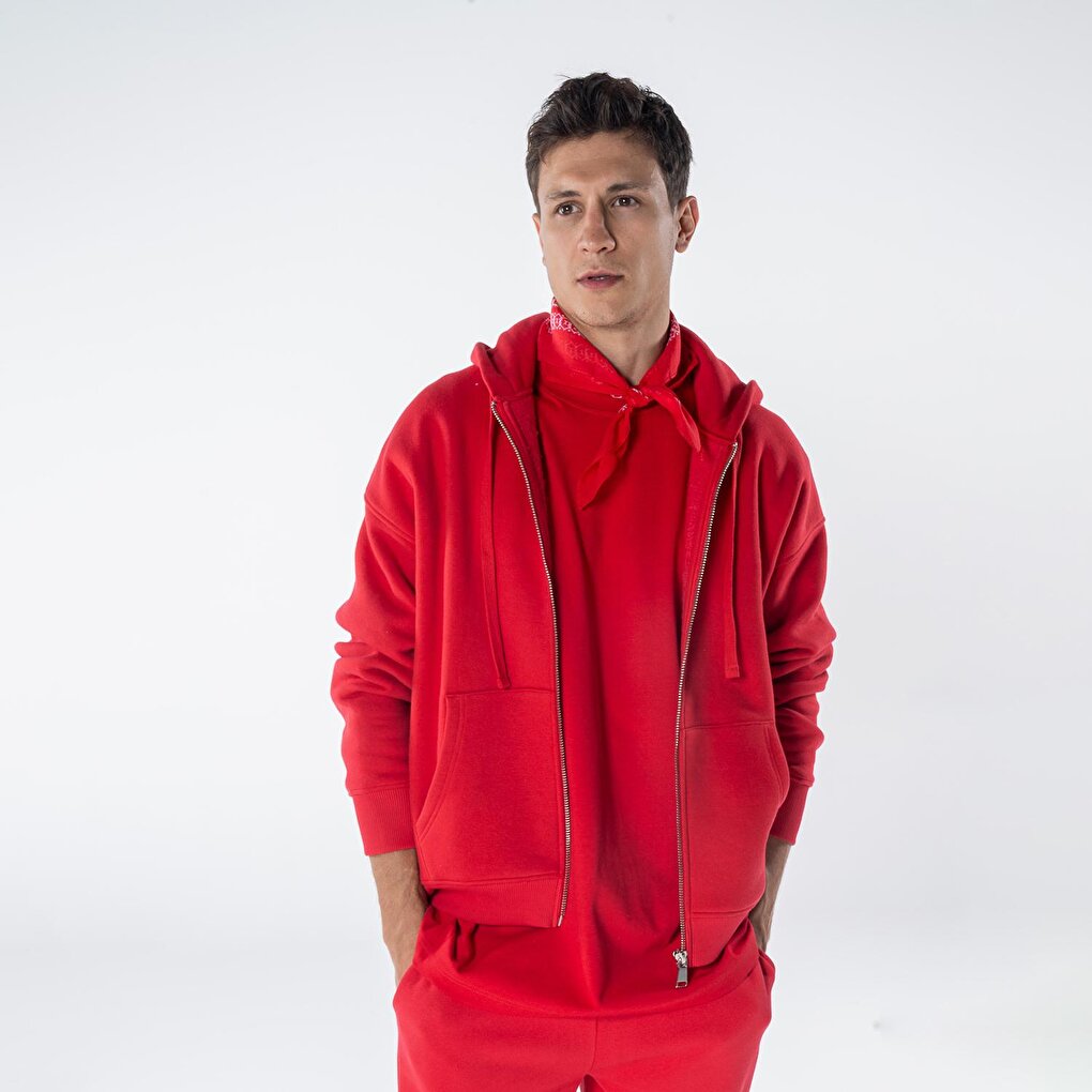 James Men's Red Kangaroo Pocket Hooded Oversize Zippered Sweatshirt Hoodie