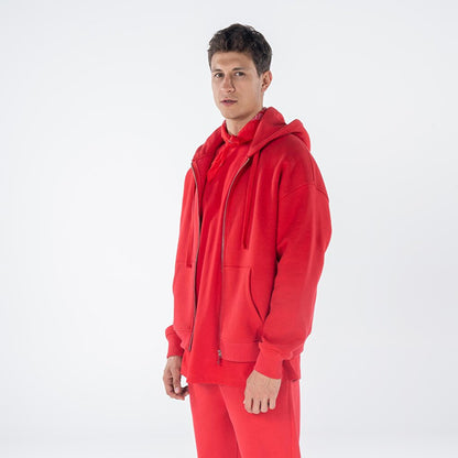 James Men's Red Kangaroo Pocket Hooded Oversize Zippered Sweatshirt Hoodie