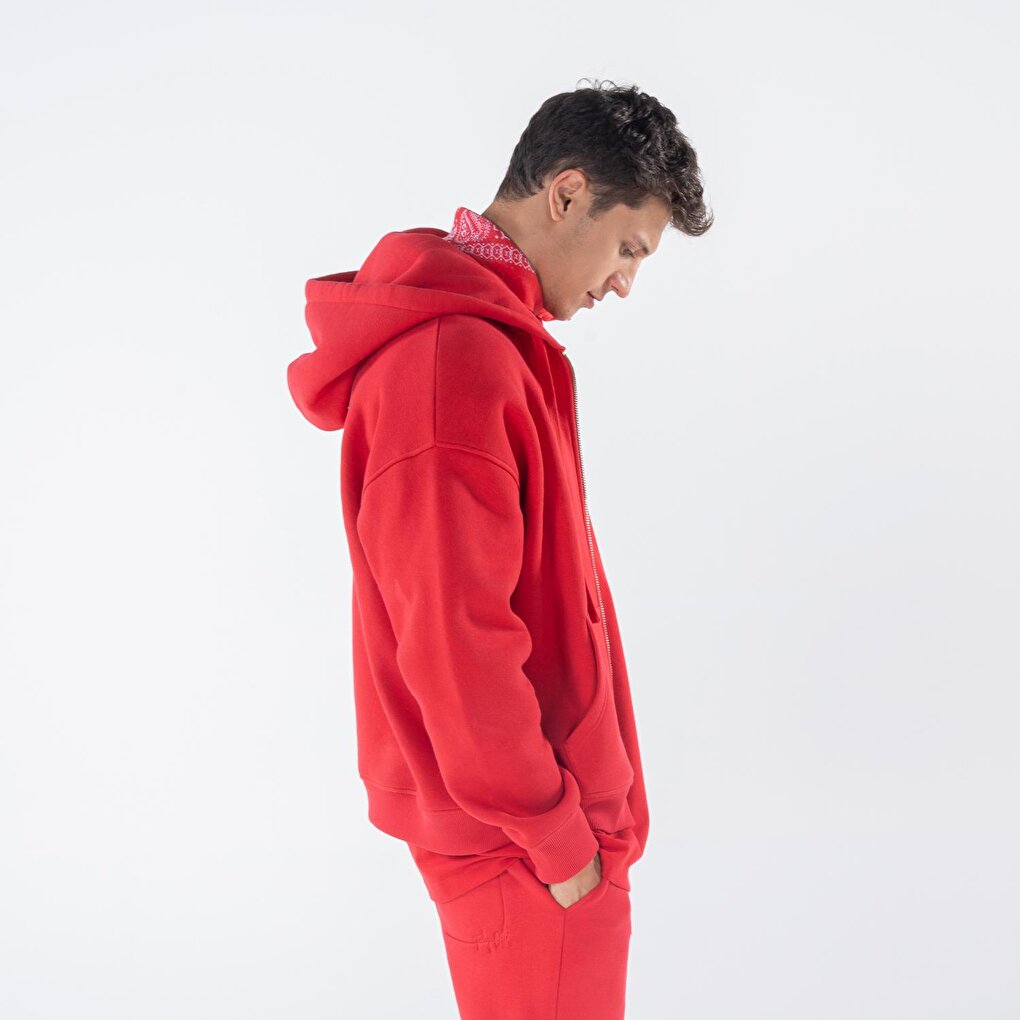 James Men's Red Kangaroo Pocket Hooded Oversize Zippered Sweatshirt Hoodie