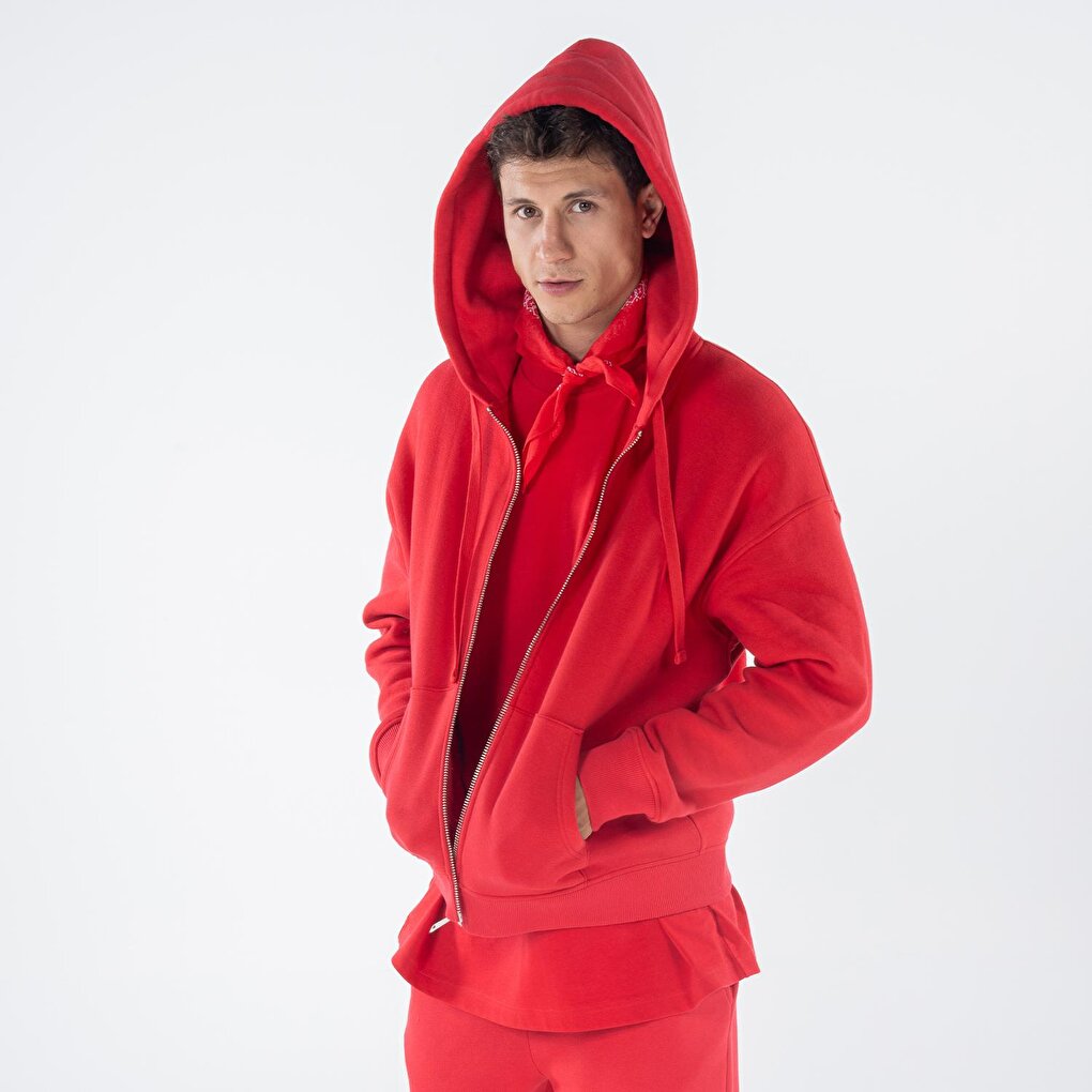 James Men's Red Kangaroo Pocket Hooded Oversize Zippered Sweatshirt Hoodie