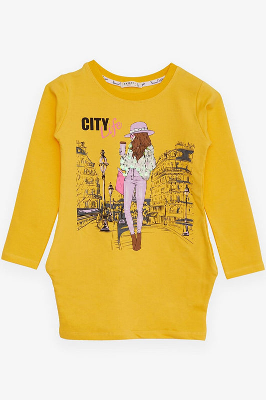 Girl's Tunic Sequined Girl Printed Yellow (Age 8-12)