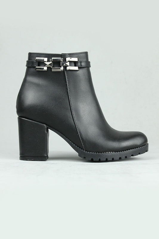 0512 Chained Side Zipper Vegan Leather Heeled Boots Women Black