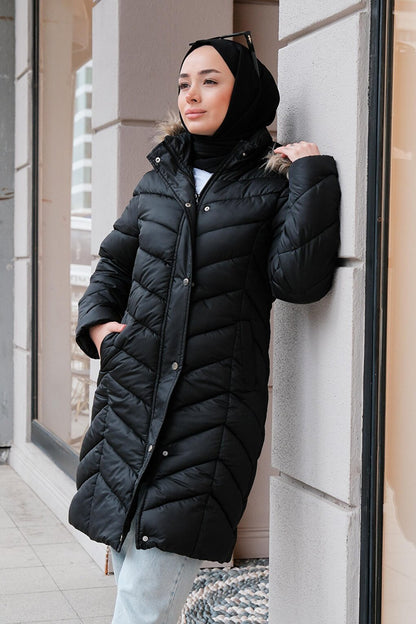 Furry Hooded Puffer Jacket Black