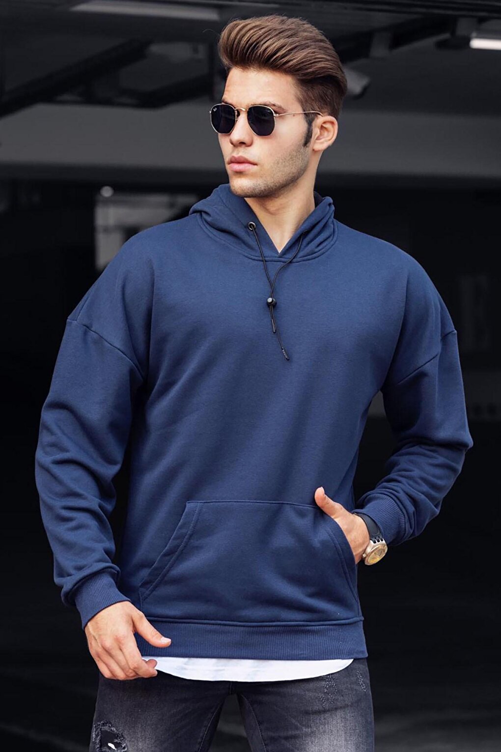 Basic Navy Blue Men's Hooded Sweatshirt 4764