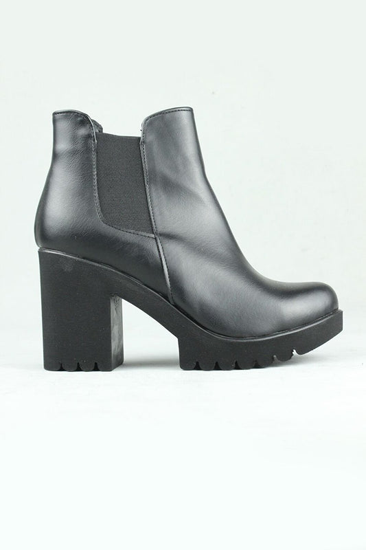 0717 Side Elastic Vegan Leather Heeled Boots Women Black