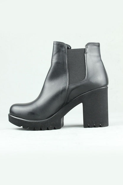 0717 Side Elastic Vegan Leather Heeled Boots Women Black