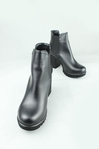 0717 Side Elastic Vegan Leather Heeled Boots Women Black