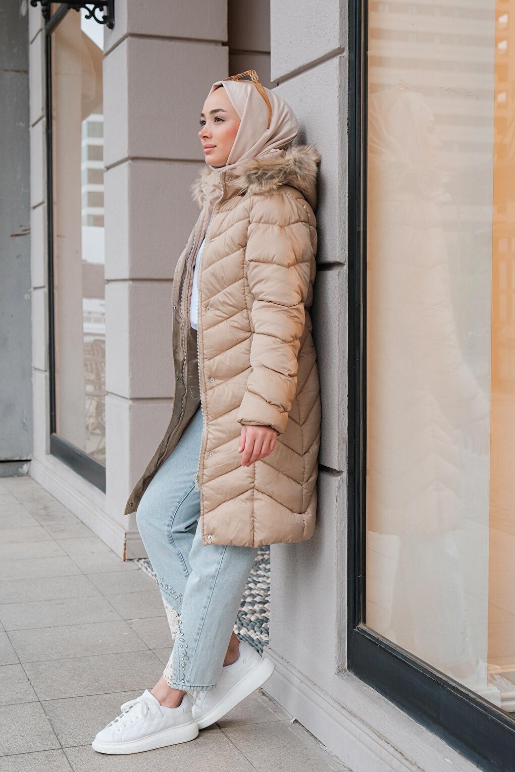 Furry Hooded Puffer Jacket Cream