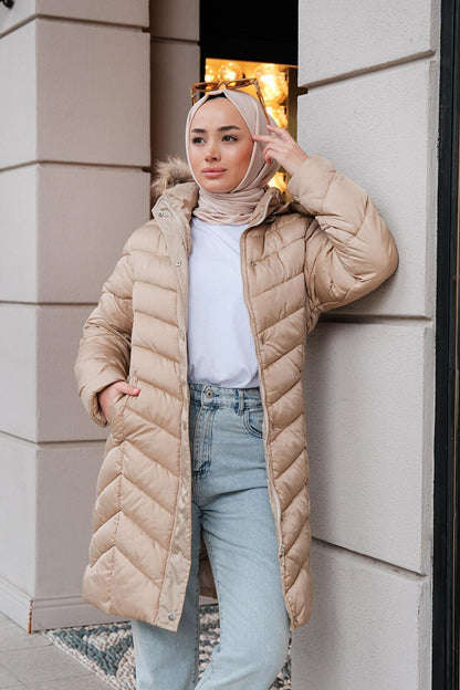 Furry Hooded Puffer Jacket Cream