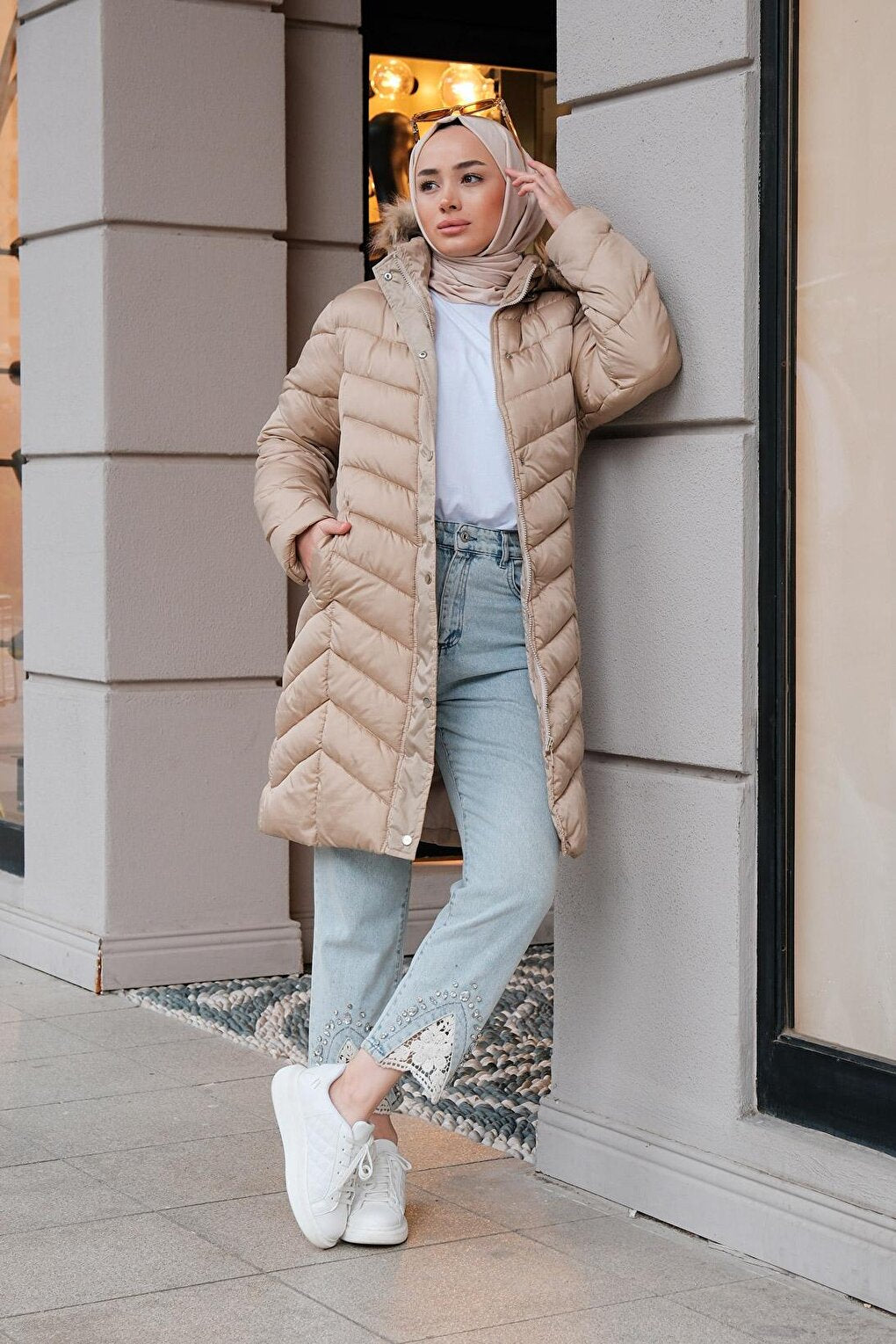 Furry Hooded Puffer Jacket Cream