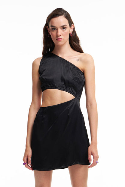 One-Shoulder Side Low-cut Dress Black